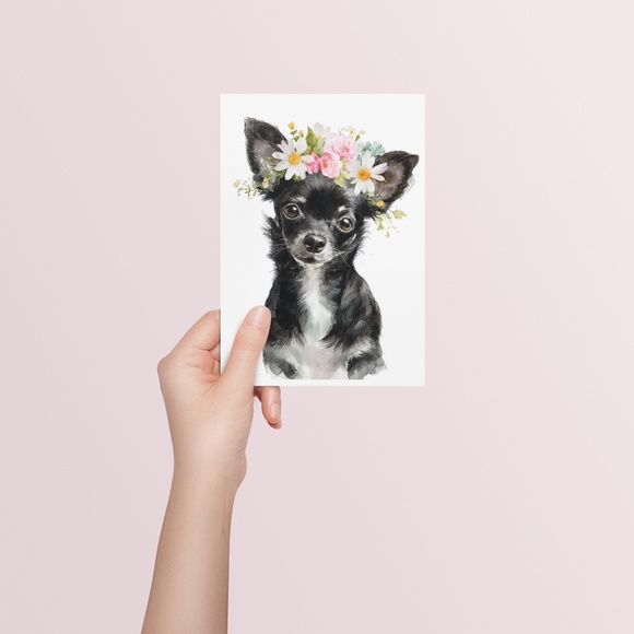 Watercolor Black Chihuahua with Flowers Portrait Wall Art Print Poster Unframed - Picture 5 of 6